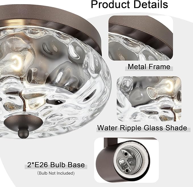 Darkaway Ceiling Light Fixtures Flush Mount Indoor Outdoor Ceiling Light with Water Ripple Glass Shade for Hallway Kitchen Bedroom Porch Living Room Bronze Finish