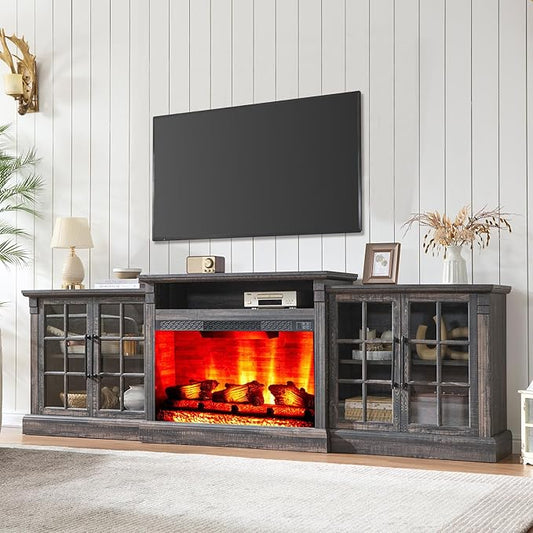 AMERLIFE 97" Farmhouse Fireplace TV Stand, Entertainment Center with Large Storage Space and Adjustable Shelf, Media Console for Living Room, Black