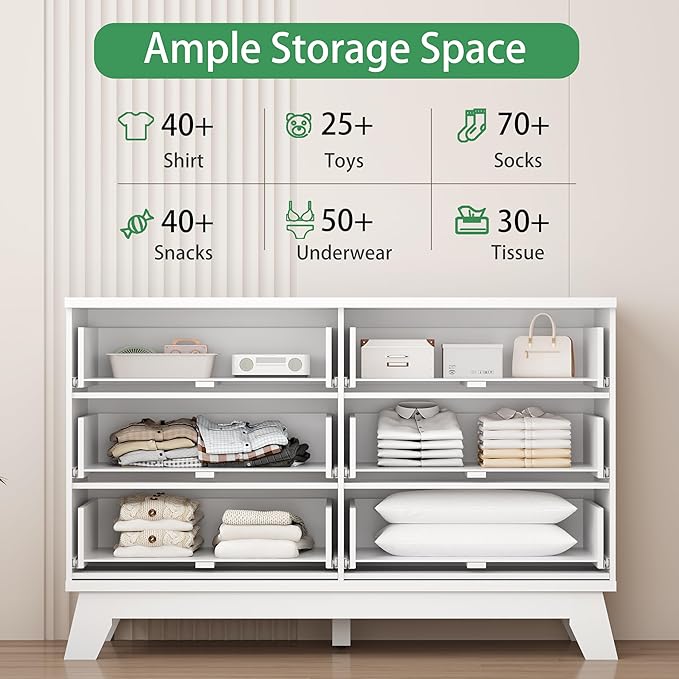 Fluted Dresser for Bedroom with 6 Drawers, 48" Wide Modern Chest of Drawers with Metal Handle, Wooden Dresser TV Stand, Wood Closet Clothes Storage Drawer Organizer for Living Room, Hallway, White
