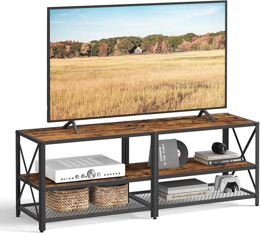 VASAGLE TV Stand, TV Console for TVs Up to 65 Inches, TV Table, 55.1 Inches Width, TV Cabinet with Storage Shelves, Steel Frame, for Living Room, Bedroom, Rustic Brown and Black ULTV094B01