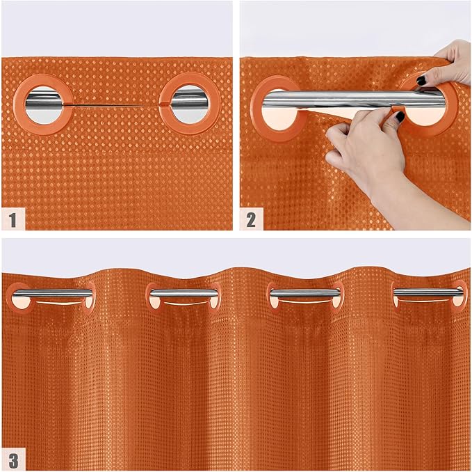 MitoVilla No Hooks Needed Orange Waffle Shower Curtain with Snap-in Liner, Modern Waffle Weave Heavy Duty Fabric Cloth Shower Curtain for Luxury Neutral Hotel Spa Bathroom Decor, 72 x 74, Burnt Orange