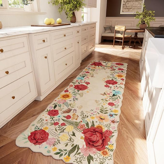 Floral Hallway Runner Rug 2'6"x8' Non Slip Washable Kitchen Rug Runners Boho Vintage Low Pile Carpet for Entryway, Laundry Room High Traffic Areas, Indoor Rug for Bathroom (Beige