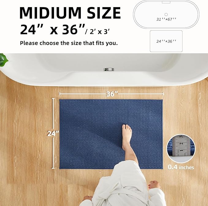 Bathroom Rugs Non Slip Washable, Super Absorbent Thin Bath Mat Quick Dry Low Pile Bathroom Rug, Navy Blue 24"x36"