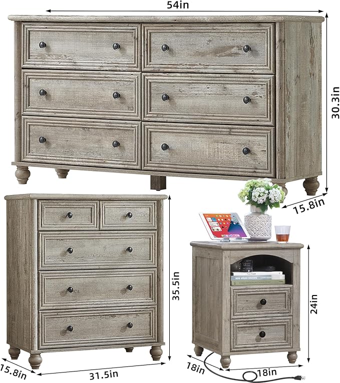 Farmhouse Dressers & Night Stand Set of 3, Wood 54" Wide 6 Drawer Dresser & 35.5"Tall Chest of Drawers, 18" with Charging Station Nightstand, Bedroom Furniture Dresser Set for Home Living Room Hallway