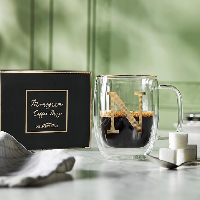COLLECTIVE HOME - Double Walled Glass Coffee Mugs, Insulated Coffee Mug with Handle, Personalized Gifts for Women, Men, Christmas, 14 oz Monogram Cups (N)