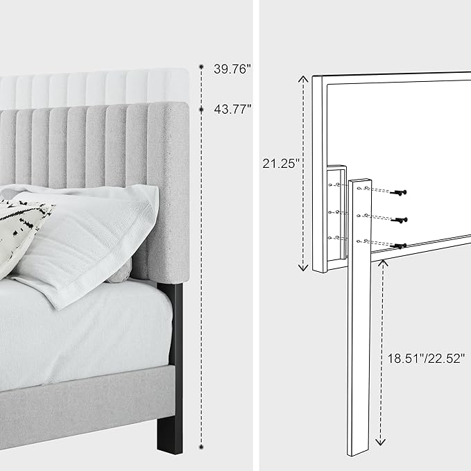 Full Size Bed Frame, Fabric Upholstered Platform Bed with Adjustable Headboard, Sturdy Frame and Wooden Slats, Noiseless, No Box Spring Required, Easy to Assemble, Light Grey