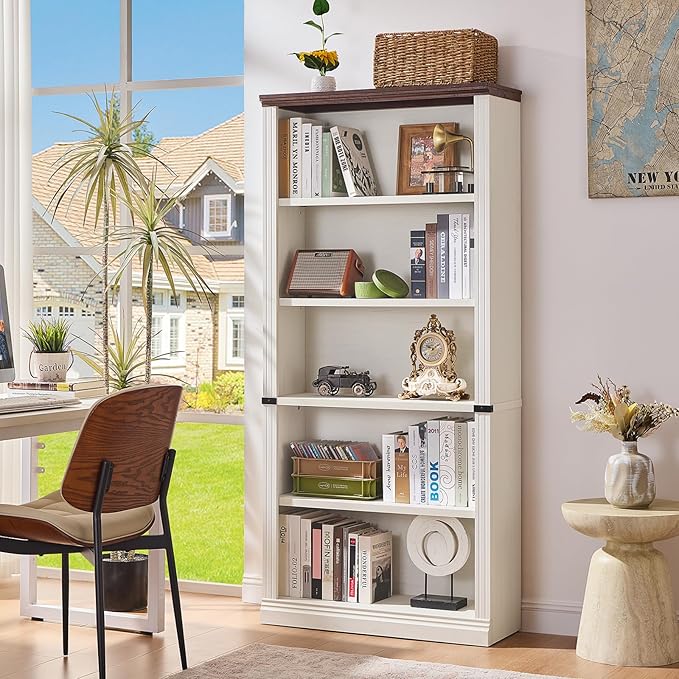70" White Tall Bookshelf Set of 2,5-Tier Thick Wooden Book Shelf with Adjustable Shelves,Free Standing Farmhouse Bookcase with Open Display Storage,Floor Vintage Bookshelves for Living Room