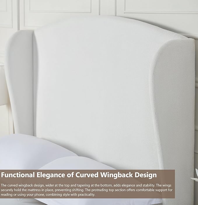 King Size Upholstered Platform Bed with 54" Camelback Headboard, Chenille Fabric, Metal & Wood Support, No Box Spring Needed (Cream White Chenille Curved, King)