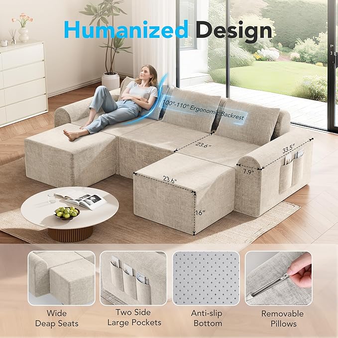 Cloud Sectional Couch with 2 Ottomans & 3 Pillows, Boneless Couches for Living Room, U Shaped Sectional Sofa Deep Seat Comfy Couch for Small Spaces, No Assembly Required, 72h to Restore