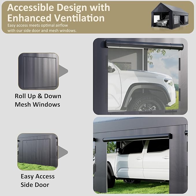 Carport 12' x 20' Heavy Duty Portable Garage, Carport Canopy with Side-Opening Door & Roll-Up Windows, Car Canopy Reinforced Four-Hole Base for Car, Truck, Boat, Party, Black