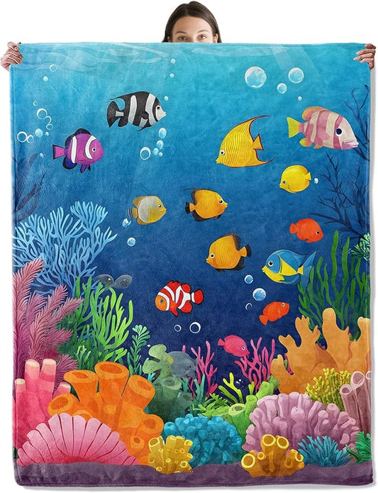 Colorful Fish Blanket, Cozy Flannel Cartoon Tropical Fish Throw Blanket for Couch Outdoor, Plush Soft Lightweight Travel Ocean Blankets for Bed Decor and Gifts, for Women Adults Kids 60"x80"