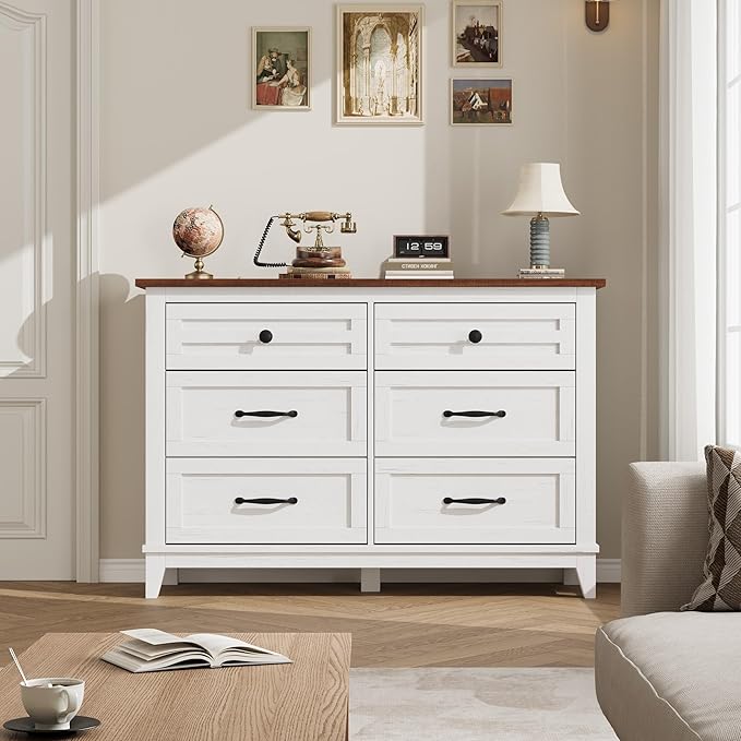 GarveeHome 6 Dresser for Bedroom, 47" Wide Drawer Dresser with Storage Freestanding, Wooden Closet Storage Chest for Living Room, Bedroom, Entryway, White+Brown