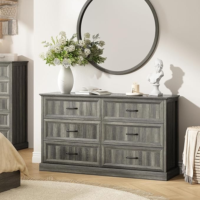 CARPETNAL Farmhouse Dresser and Nightstand Sets for Bedroom, 3 Pcs Bedroom Set, 6 Drawer Dresser & Nightstand Set of 2, Modern Wood Chest of Drawers for Bedroom, Living Room, Entryway, Grey