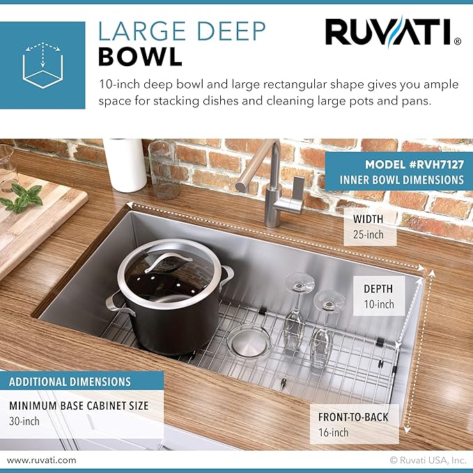 Ruvati 27-inch Rounded Corner Undermount Kitchen Sinks Single Bowl – Durable 16 Gauge Stainless Steel Kitchen Sink with Brushed Finish hides scratches, Easy-to-Clean Undermount Sink - RVH7127