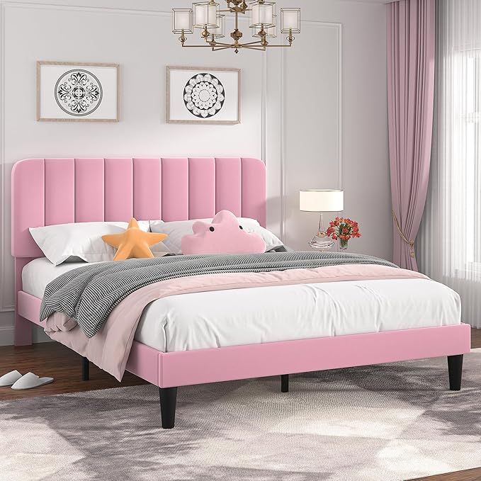 VECELO Full Size Bed Frame with Upholstered Headboard, Velvet Platform Bedframe Mattress Foundation, Strong Wood Slat Support, No Box Spring Needed, Pink