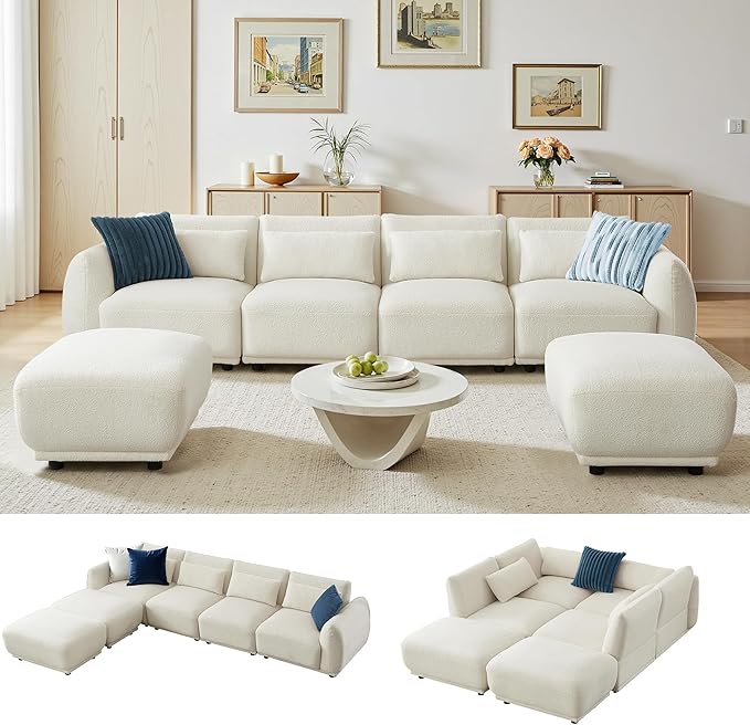 Sectional Sofa Couch, Modern Convertible U Shaped Sectional Couch with Ottoman, Modular Sectional Sofa Cloud Couches for Living Room (White, 4 Set + 2 Ottoman)