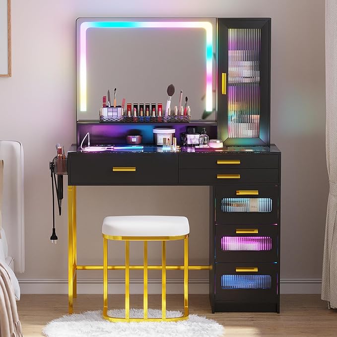 HENBC Vanity with Mirror and LED Lights, Glass Top Vanity Desk with Charging Station(Wireless+USB+Type-C), RGB Makeup Table Set with Stool/Makeup Organizer/6 Drawers for Bedroom,Black