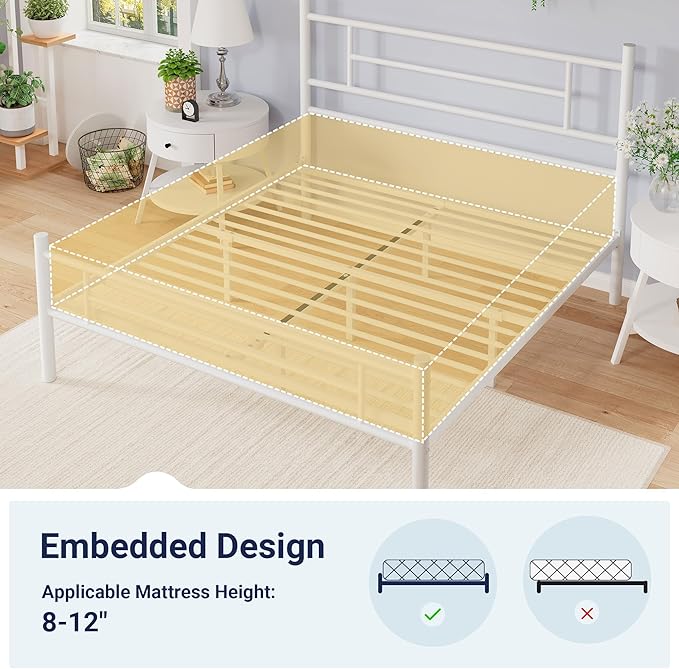 Allewie 14 Inch Full Size Metal Platform Bed Frame with Headboard and Footboard, Underbed Storage, Strong Metal Slats Support, Mattress Foundation, No Box Spring Needed, Easy Assembly, White