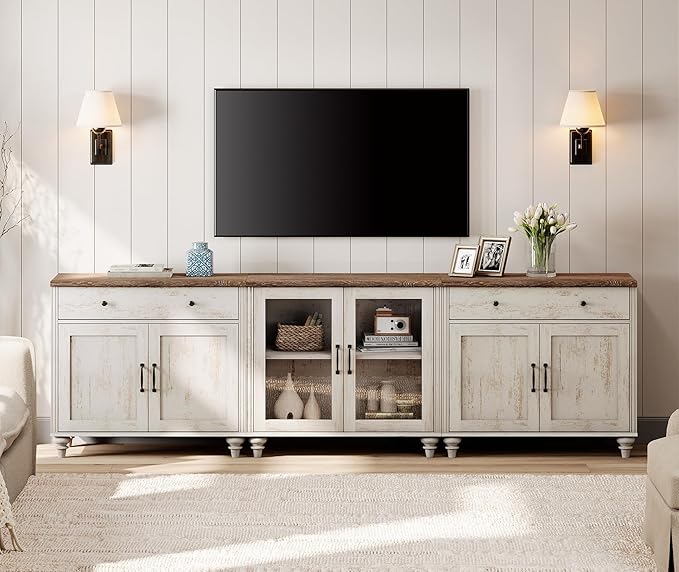 WAMPAT Farmhouse TV Stand for 100 Inch TV, 3-in-1 TV Console Table for 75/80/85/90 Inch TV, Entertainment Center with Glass & Wood Door, Kitchen Sideboard Buffet Cabinet for Living Room, Rustic White