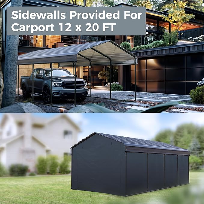 GREEN PARTY 12 x 20 ft Metal Carport Kits with Galvanized Steel Roof & Removable Sidewalls, Heavy Duty Metal Carport Canopy, Outdoor Car Tent Metal Garage Shelter for Car, SUV, Truck and Boats, Grey
