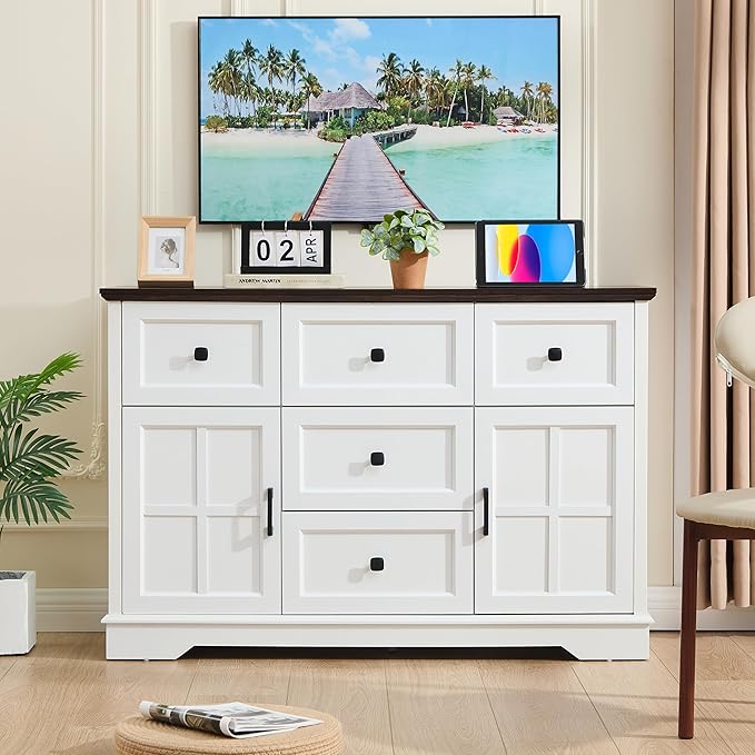 5+2 White Dresser for Bedroom, Chest of Drawers for Bedroom with Wooden Drawers and Cross Doors, Wood Dressers Storage TV Stand for Bedroom, Living Room