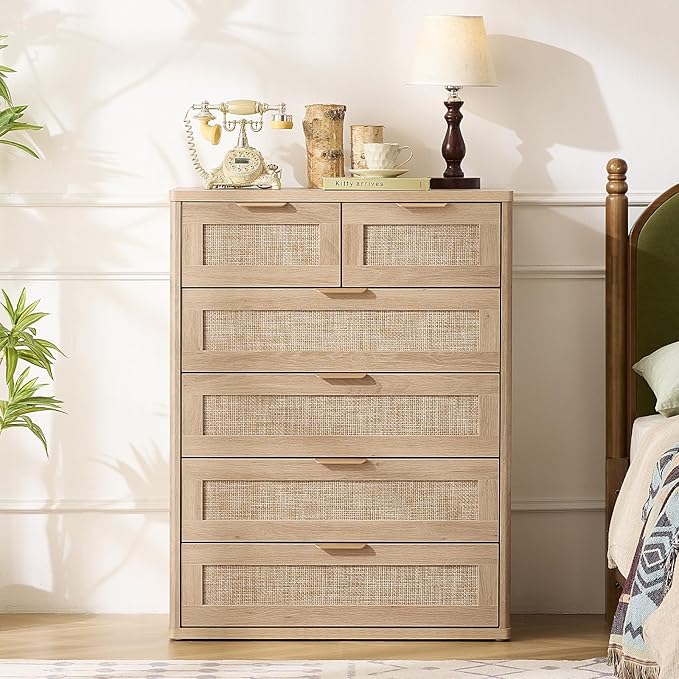 LEYAOYAO Rattan Dresser for Bedroom Set of 2, 41" Tall Chest of Drawers, Modern 6 Drawers Boho Dressers with Storage, Light Oak Dresser Wooden Closet Organizer for Living Room, Hallway, Natural Wood