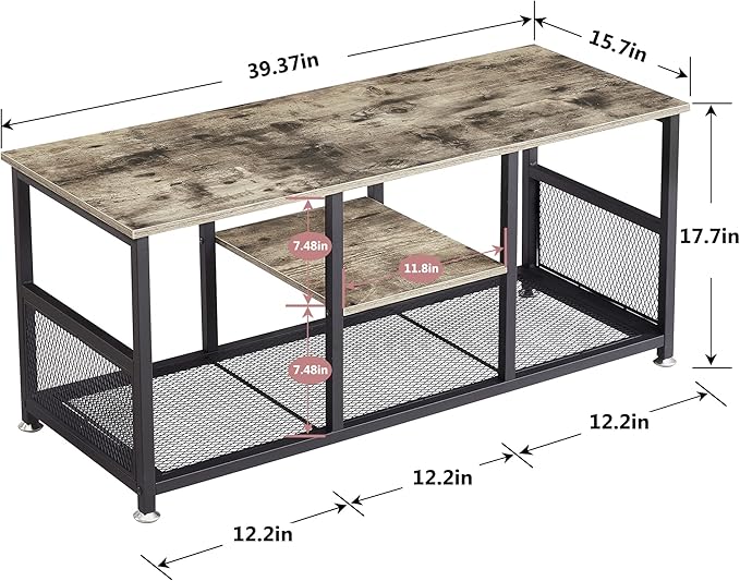 VECELO TV Stand Up to 50 Inches, 39 Inch Industrial Entertainment Center Media Console with Open Storage Shelves, Wooden Coffee Table with Metal Frame, Grey