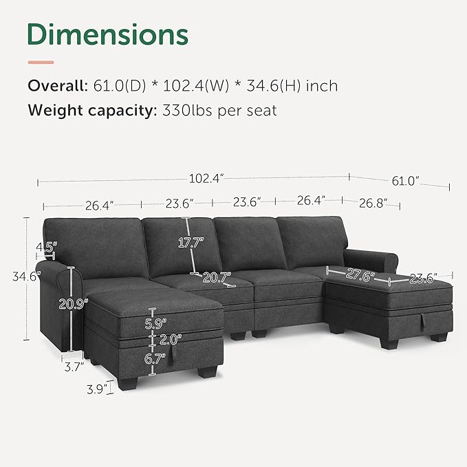 HONBAY Sectional Sofa with Storage Seat U Shaped Couch with Reversible Chaise Convertible Sectional Couches for Living Room,Dark Grey