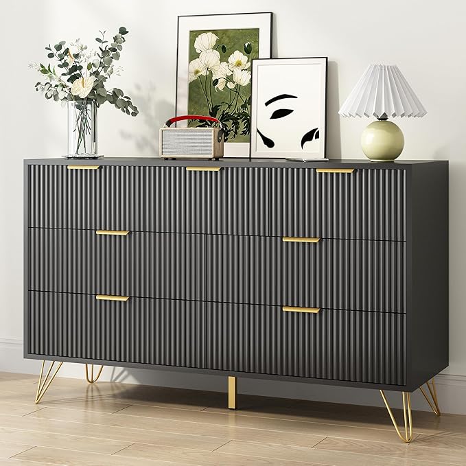 Black Dresser for Bedroom, 7 Drawers Dresser with Golden Handles, Modern Wood Chest for Living Room, Hallway, Entryway