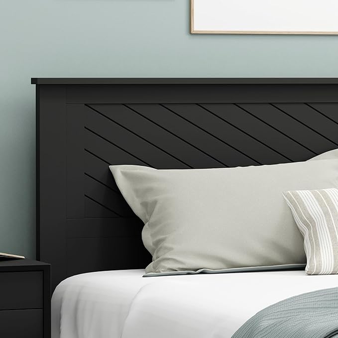 Serene Poplar Wood King Headboard, Modern Farmhouse Panel with Chevron Scoring, King Size Headboard in Black, Casual Coastal Style, Easy Assembly, Quality Materials