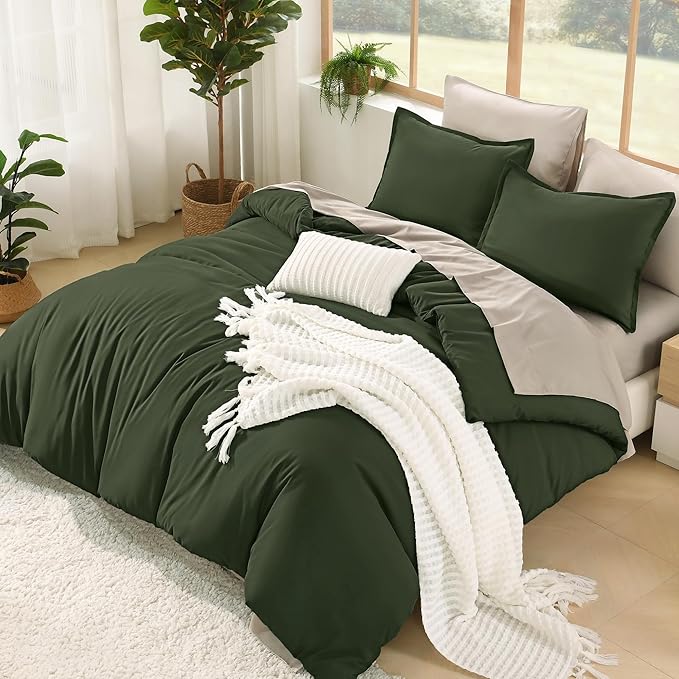 Litanika Comforter Queen Size Set Olive - 7 Pieces Bed in a Bag Queen Beddding Comforter Sets, Plain Lightweight Bed Set with Comforter, Sheets, Pillowcases & Shams