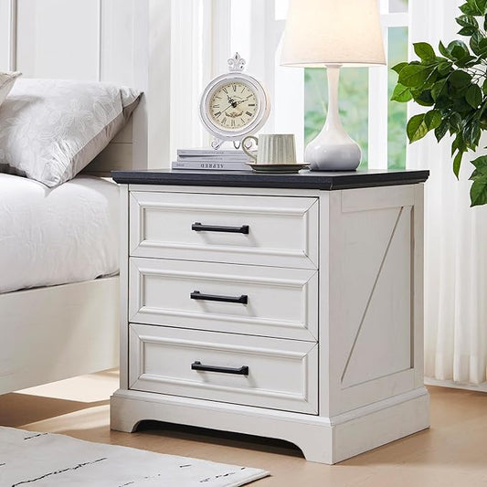 ACCOHOHO Farmhouse Nightstand with Charging Station, 22 Inch Wide End Table with 3 Large Drawers & Bar Handles, Rustic Wood Small Dresser Chest of Drawers for Bedroom, Living Room, Closet, Off White