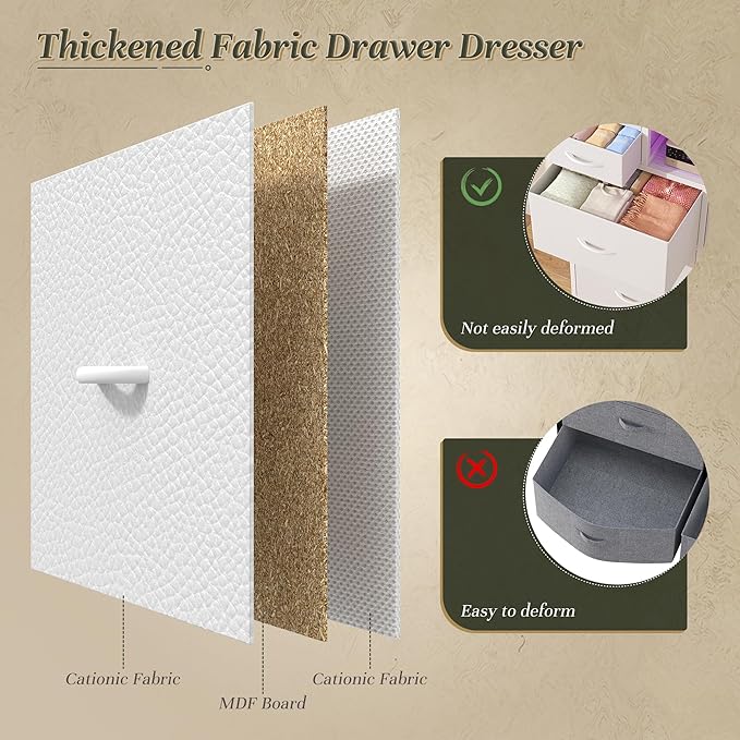 White Dresser for Bedroom with Charging Station and LED and 10 Fabric Drawers, Sturdy Tall Chest of Drawers with 2 Open Storage Shelves Storage Tower for Closet, Hallway