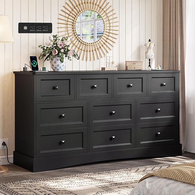 Hasuit Black Dresser for Bedroom with 10 Drawers, 55.2" Long Drawer Dresser with Charging Station, Farmhouse Dressers Chest of Drawer, Large Wooden Storage Tower Organizer, Dressers for Bedroom Closet