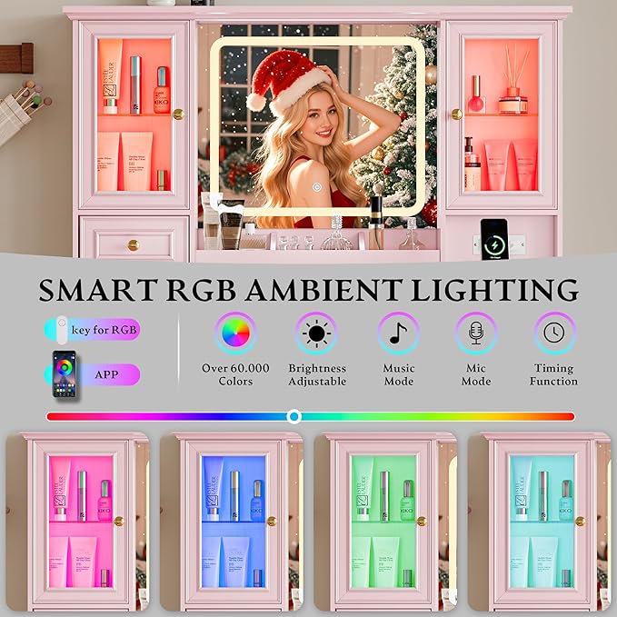 Vanity Desk with HD Lighted Mirror & Power Outlet, Farmhouse Makeup Vanity Table Set with Storage Drawers & RGB Cabinets, Large Dressing Table with 3 Lighting Modes for Women Girls Kids Bedroom, Pink