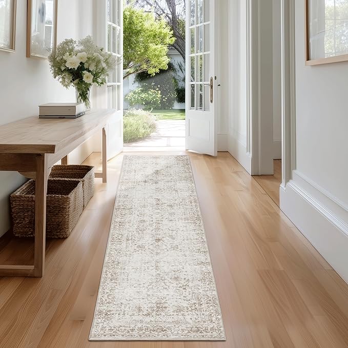 Fmfunctex 2x8 Runner Rug Beige Washable Vintage Neutral Distressed Non Slip Low Pile Indoor Carpet Soft Retro Floral Hallway Entryway Rug for Kitchen Living Room Bedroom Bathroom Laundry Entry Bedside