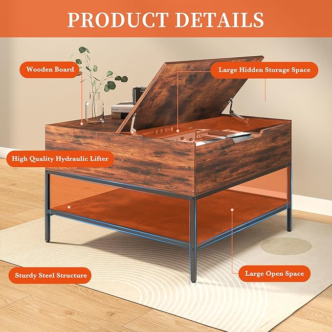 Flip Top Coffee Table with Storage, Square Coffee Tables with Large Hidden Compartment, Farmhouse Rustic Pottery Barn Coffee Table with Opening & Shelf for Living Room, Assembly Required