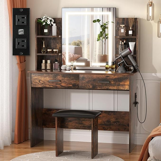SMOOL Vanity with Lighted Mirror, Makeup Vanity Desk with Power Outlet, 3 Color Light Options Adjustable Brightness, Vanity Table with 6 Storage Shelves, 2 Large Drawers and Cushioned Stool, Rustic