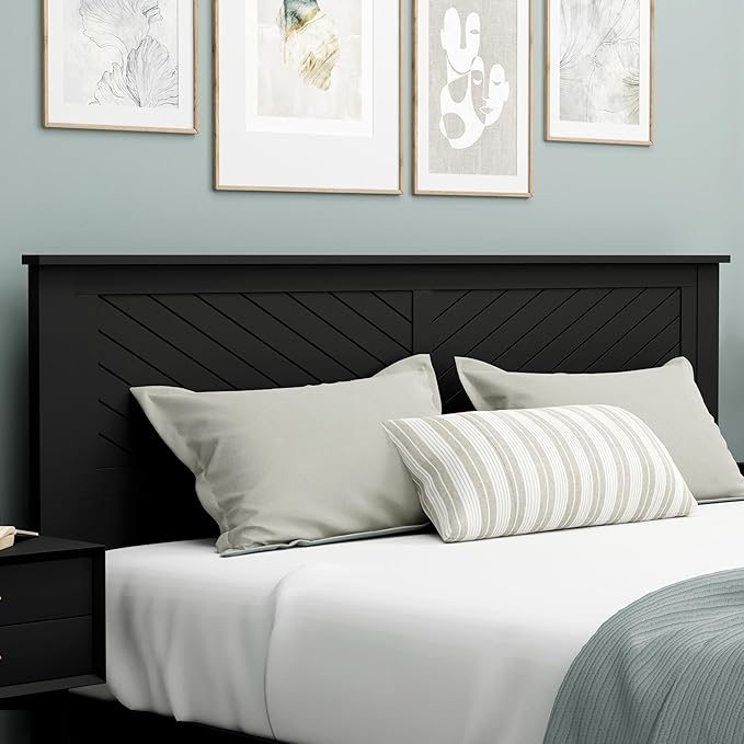 Serene Poplar Wood King Headboard, Modern Farmhouse Panel with Chevron Scoring, King Size Headboard in Black, Casual Coastal Style, Easy Assembly, Quality Materials