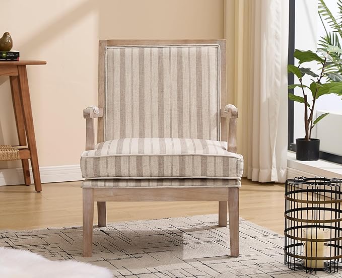 chairus Farmhouse Linen Accent Chair for Living Room, Upholstered Reading Chair with Solid Wood Frame Lounge Arm Chair with High Back for Bedroom, Reception Room, Waiting Room, Khaki Stripe