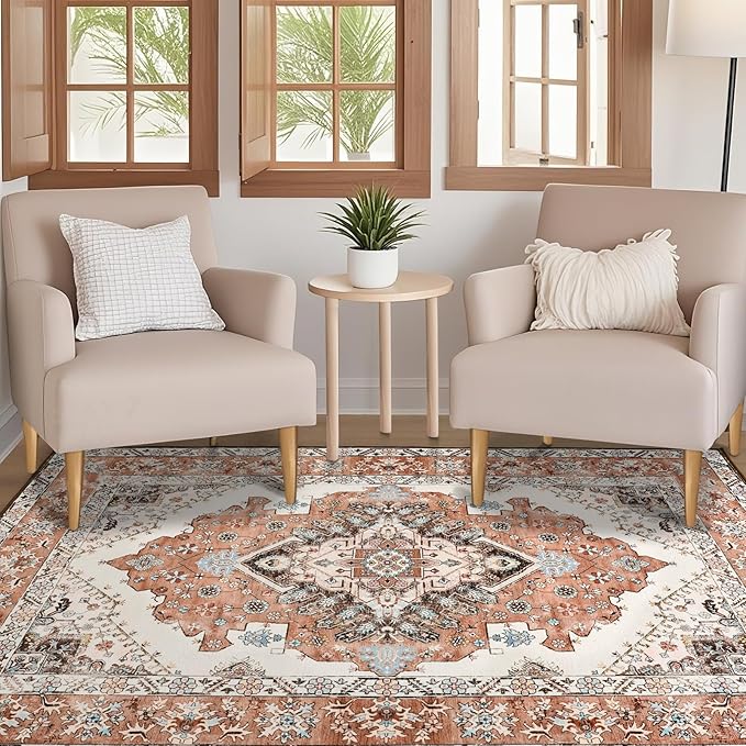 Vintage Area Rug 5x8 Rugs, Machine Washable Vintage Area Rug Non-Slip Low Pile Large Rug for Living Room, Bedroom, Farmhouse, Dining Room, Orange