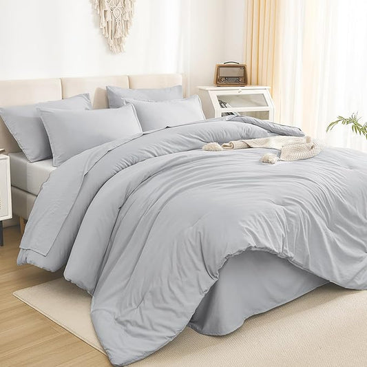 Litanika Full Size Comforter Sets Light Grey - 7 Pieces Bed in a Bag Full Bedding Comforter Sets, Solid Lightweight Bed Set with Comforter, Sheets, Pillowcases & Shams