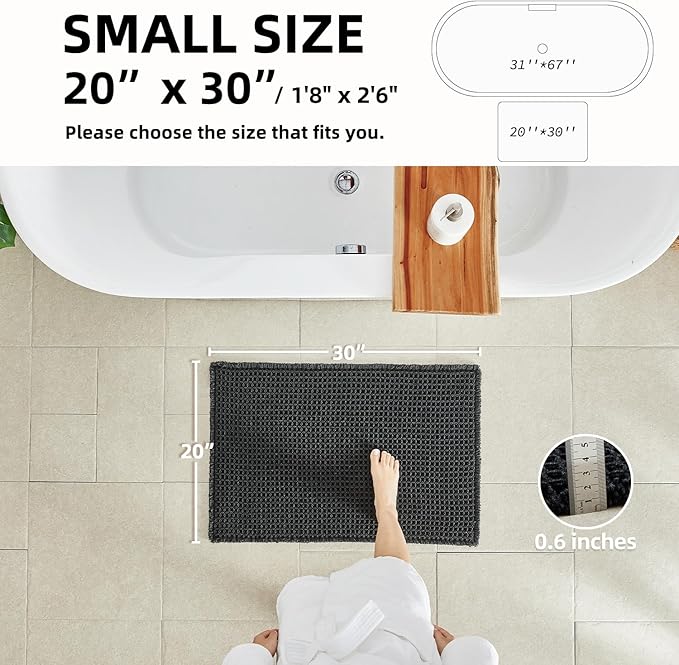 Black Bathroom Rug, Waffle Bath Mat Non Slip Washable Super Absorbent Quick Dry Boho Farmhouse Bathroom Decor, 30"x20" Black