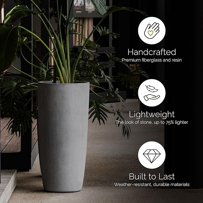 Lofto Tall Planter – Brown Stone Finish – Fiberglass Indoor/Outdoor and Weather-Resistant Large Planter (19.7" D x 43.7" H Exterior, 18.5" D x 43.3" H Interior)