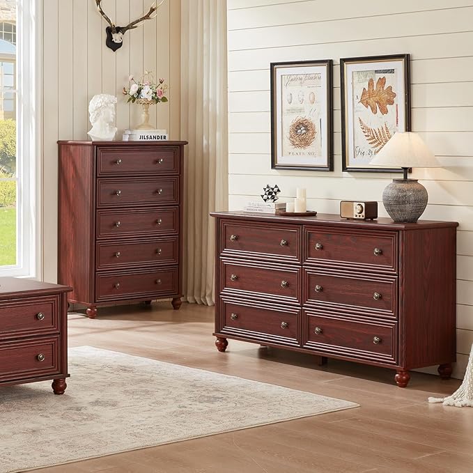 Farmhouse Dressers & Night Stand Set of 3, Wood 54" Wide Dresser & 45" Tall Chest of Drawers, 18" Roman Column Nightstand, Bedroom Furniture 6 Drawer Dresser Set for Bedroom Home Living Room Hallway