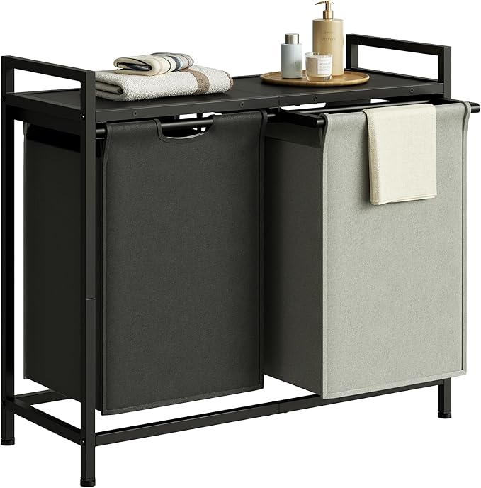 Laundry Hamper with Shelf, Laundry Basket 2 Section, Laundry Sorter with Pull-Out Removable Large 2 Color Bags and Movable, Metal Frame, 2 x 15.87 Gallons (60L), Black PF06XLK