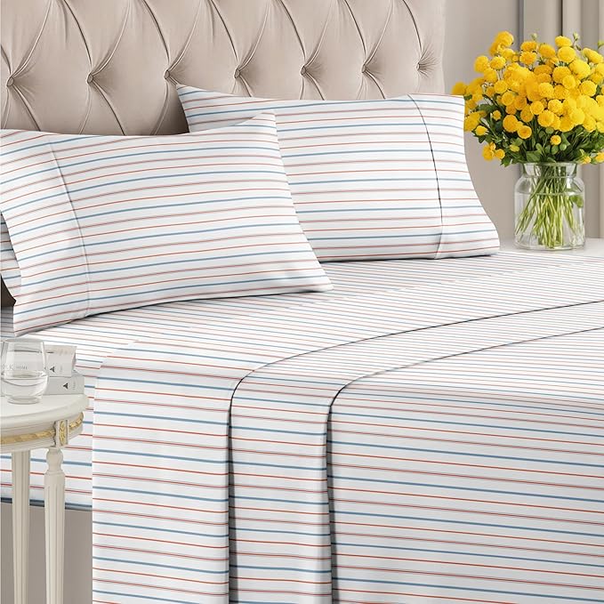 Striped Sheets - Red & Blue Striped Sheets - 1 Flat & 1 Fitted & 2 Pillowcases w/ Deep Pockets – Comfy, Wrinkle & Fade Free - Soft, Breathable & Cooling – Luxury Pinstripe Bedding - Full Size Bed Set
