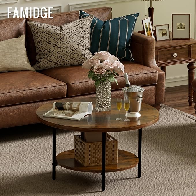 Round Coffee Table, 27.6" Circle Coffee Table for Living Room, 2-Tier Wood Accent Center Table with Open Storage Industrial Design Home Furniture, Rustic Brown
