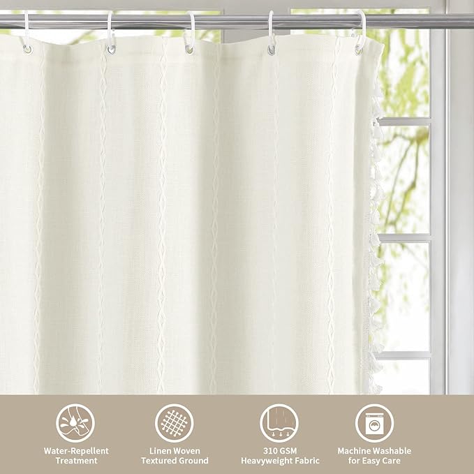 MitoVilla Boho Small Stall Fabric Shower Curtain 36 x 72, Ivory Half Size Narrow Polyester Linen Tassel Cloth Shower Curtains for Chic Modern Farmhouse Country Bathroom Decor