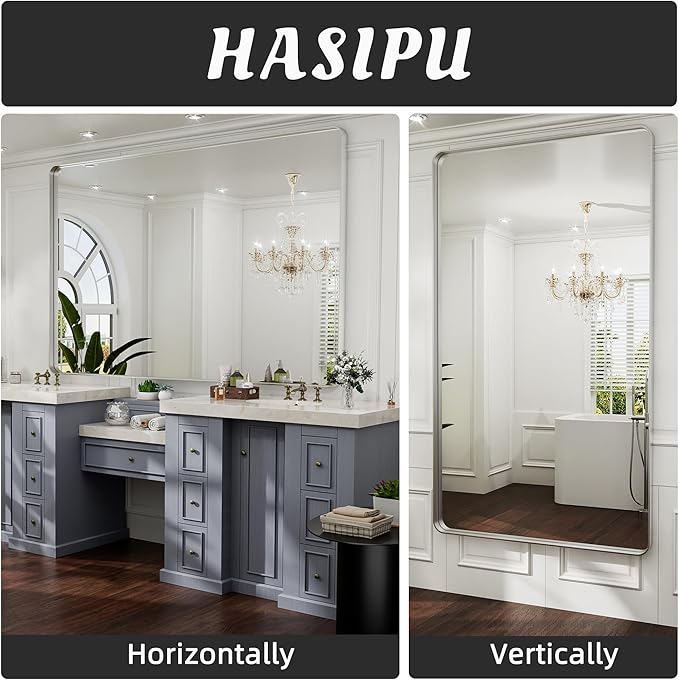 Hasipu 55×32 Inch Large Bathroom Mirror for Wall, Rectangular Silver Metal Frame Bathroom Mirrors, Modern Wall Mounted Vanity Mirror for Bathroom (Horizontal/Vertical)